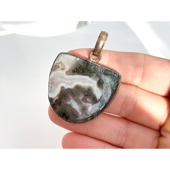 Moss Agate Geometric Gold Tint Gemstone Sterling Silver 925 Vintage Pendant - Picture 5 of 10